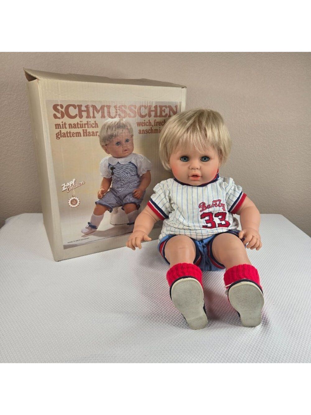 Vintage 80s Zapf Creations Baby Boy Doll Blonde Germany 26 in Little New Born